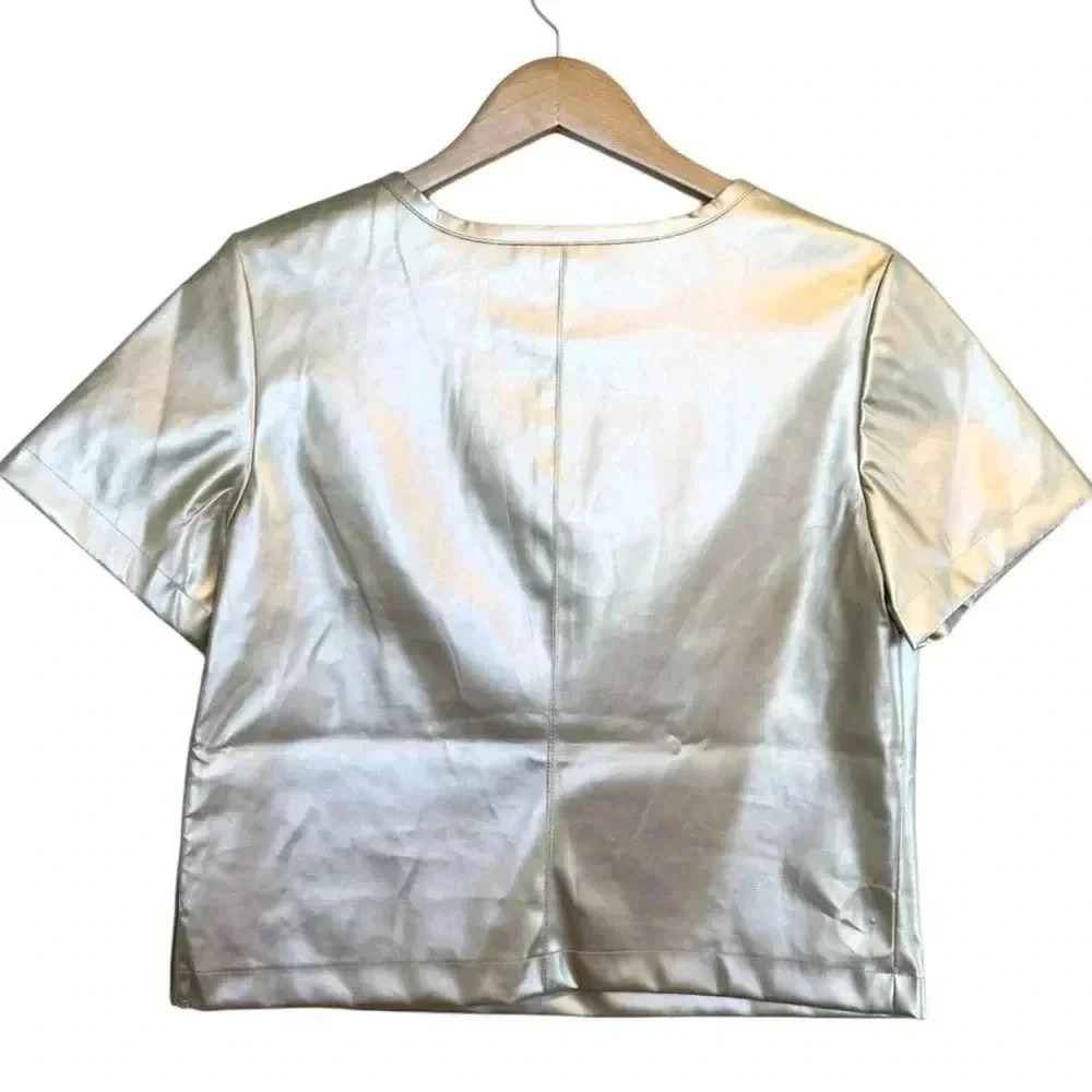 NWT, Porridge Collin Light Gold, Faux-Leather Short-Sleeve Top, Medium - Picture 2 of 5